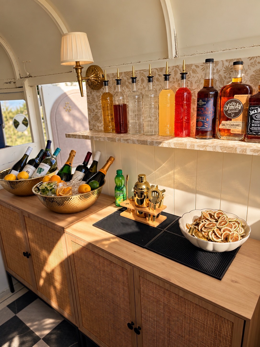 The Willow interior with wood counter, bottles and prepared garnishes