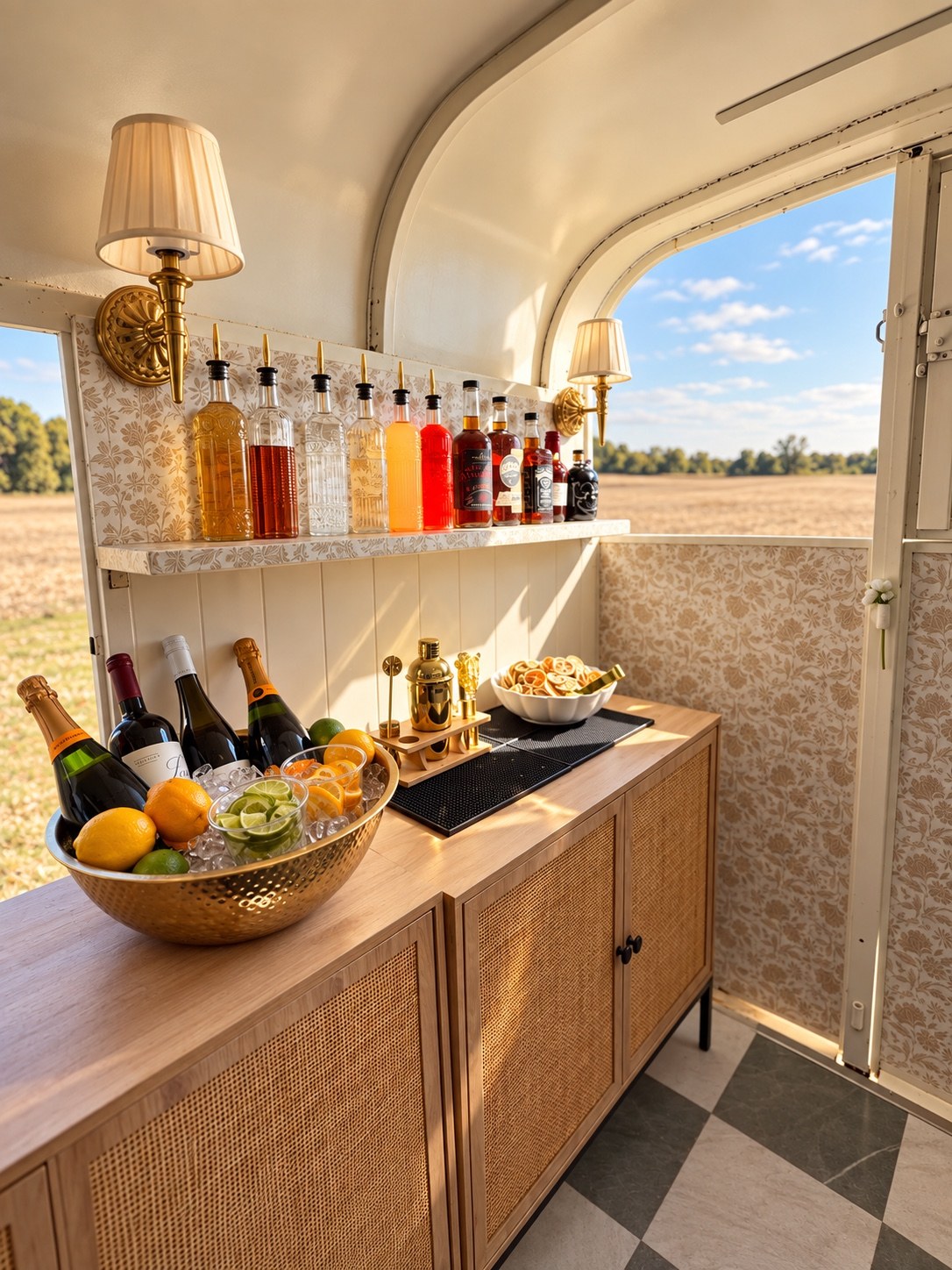 Warm wood bar counter with drinks, citrus garnishes and bottles inside The Willow