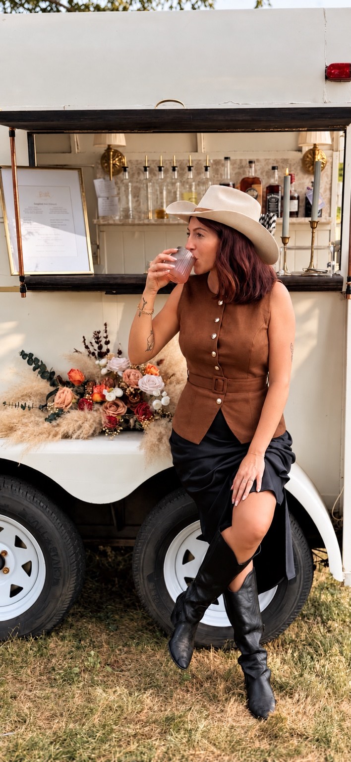 The Willow host enjoying a drink beside the mobile bar trailer